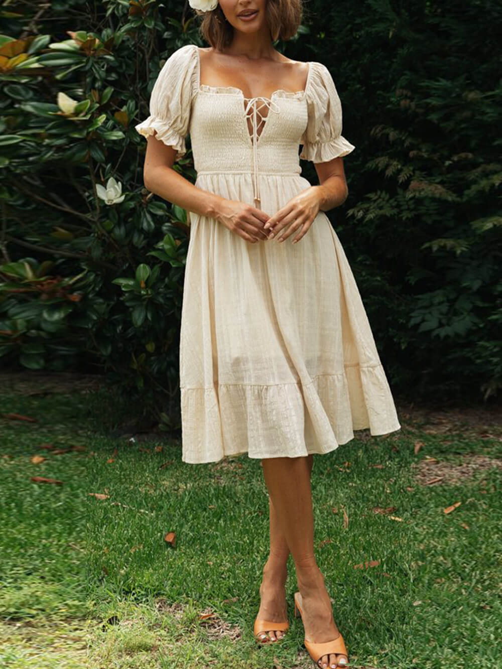 Elegant Solid Color Pastoral Midi Dress Newgew Dresses