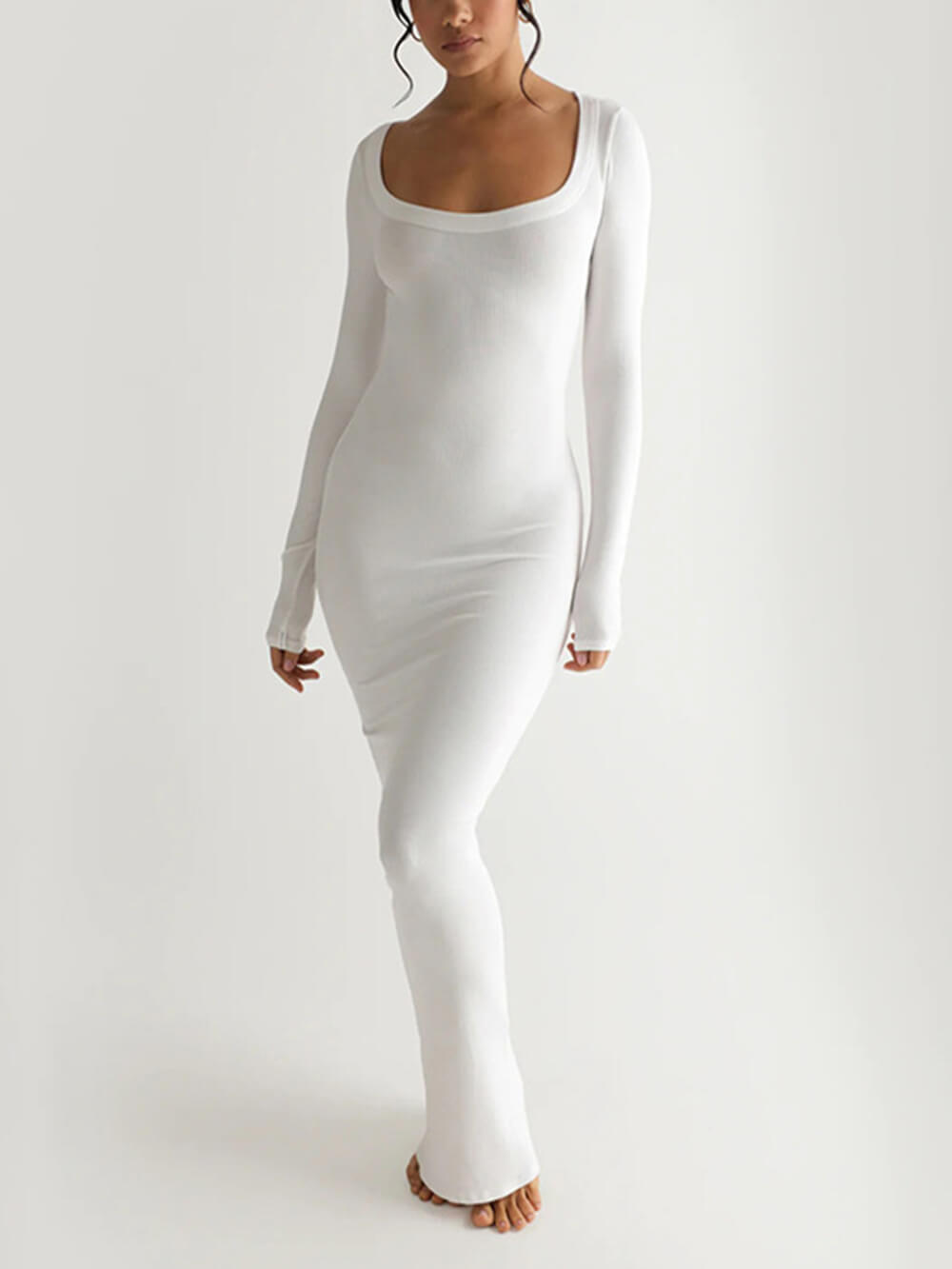 Solid Knit Square Neck Long Sleeve Maxi Dress Newgew Dresses