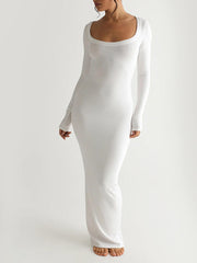 Solid Knit Square Neck Long Sleeve Maxi Dress Newgew Dresses