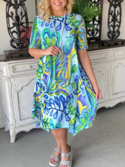 New short-sleeved dress glass printing round neck waist short skirt women's long skirt Newgew Dresses