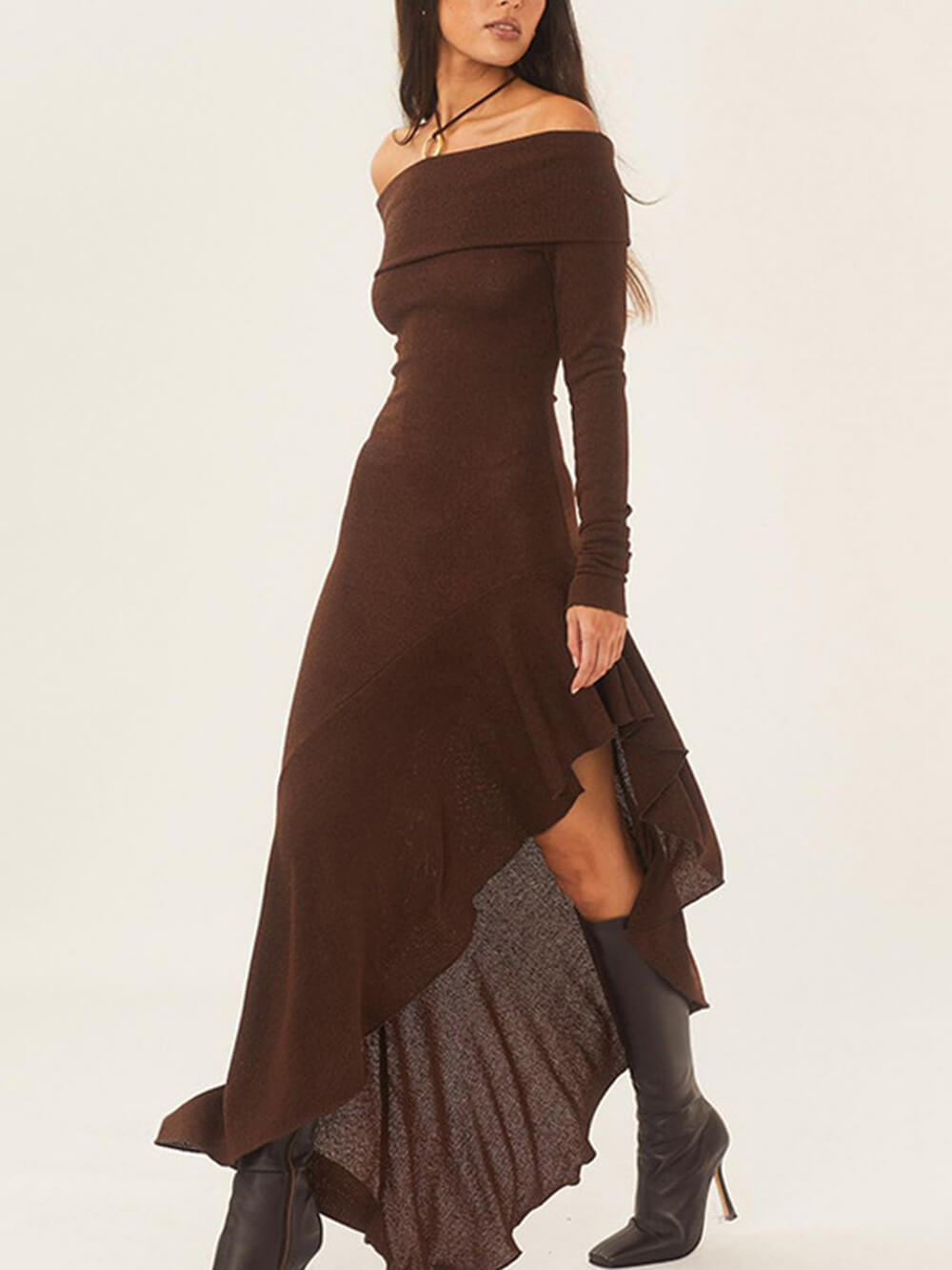 Bateau Neck Long Sleeve Maxi Dress Newgew Dresses