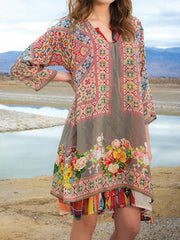 Ladies Casual Printed 3/4 Sleeve V Neck Dress Newgew Dresses