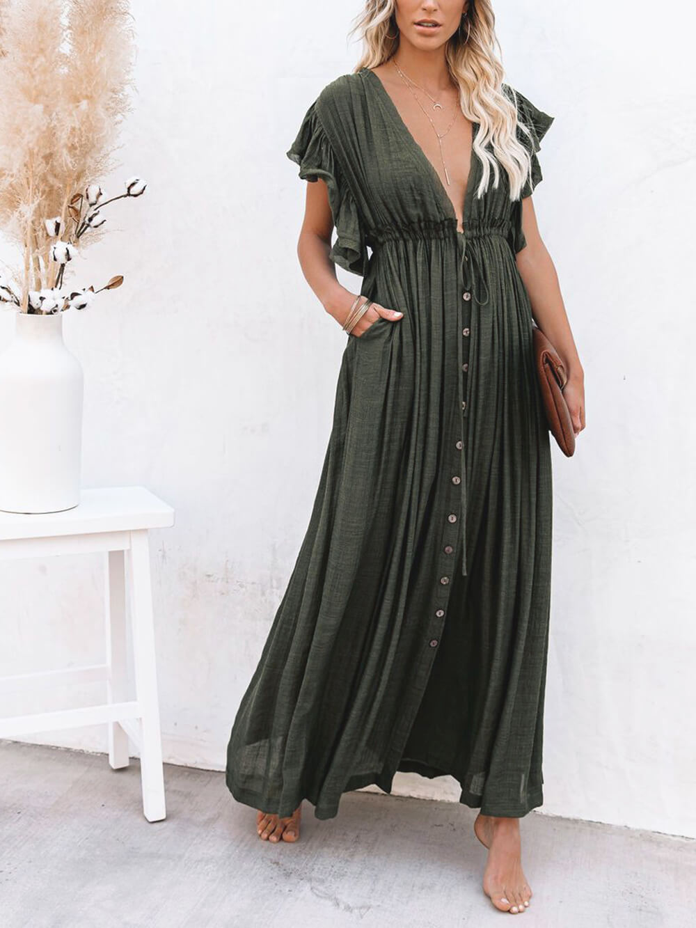 Button Cotton Linen Perfect Beach Boho Maxi Dress Newgew Dresses