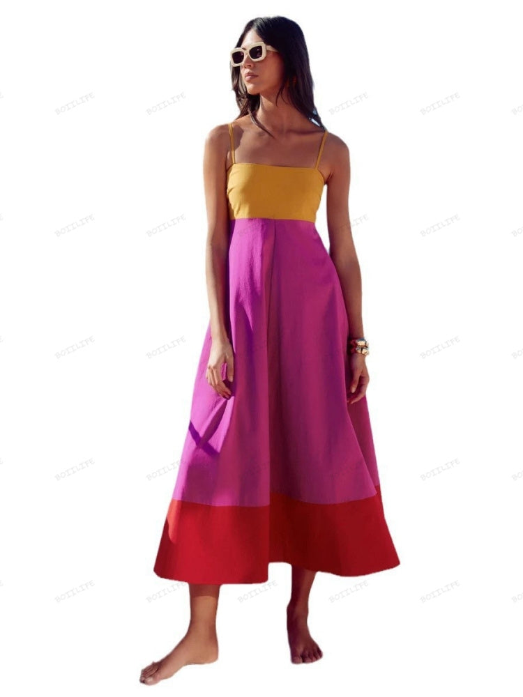 Vacation-Style Color Block Spaghetti Strap Dress Newgew Dresses