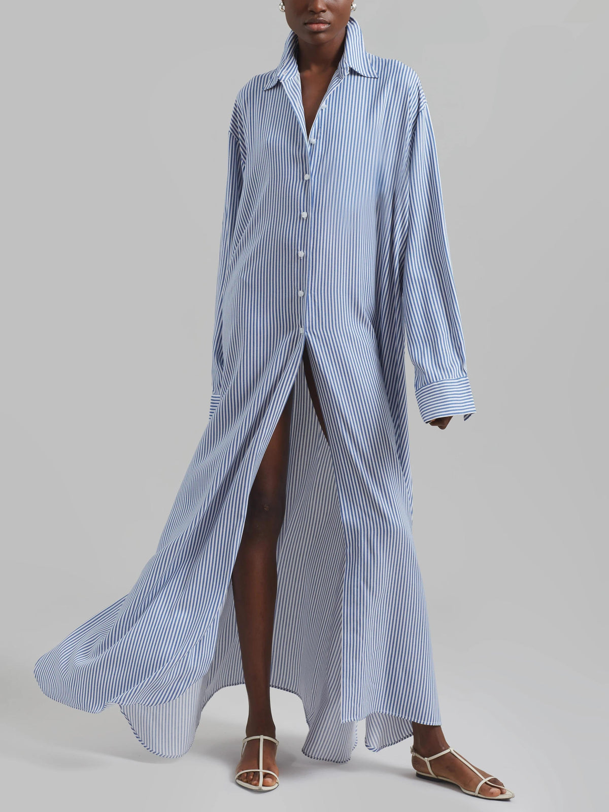 Avery Fluid Shirt Dress - White/Blue Stripe Newgew Dresses