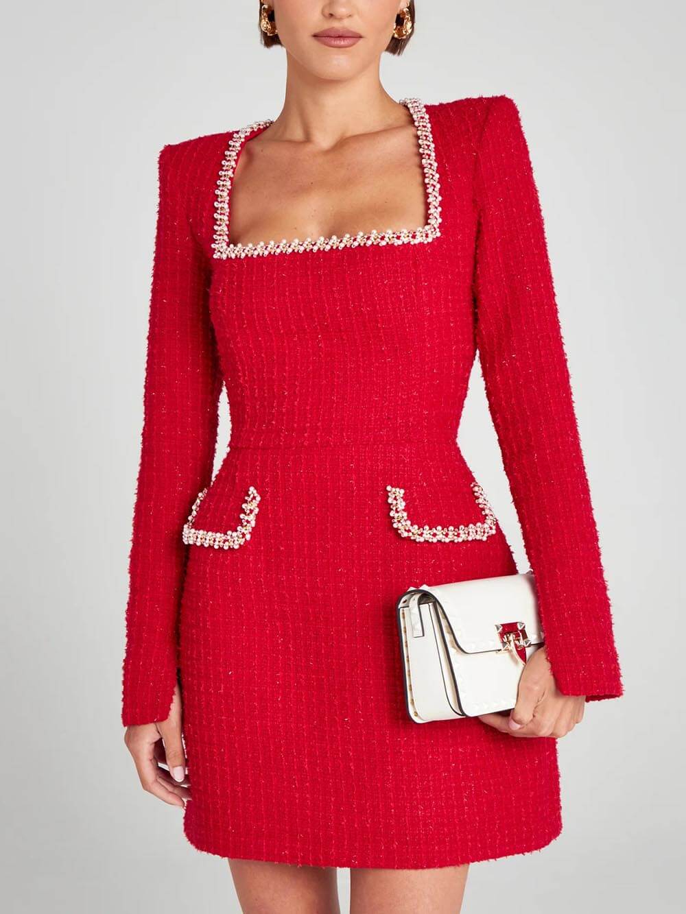 Exquisite Girl Charm Pearl Trim Slit Sleeve Pocket Mini Dress Newgew Dresses