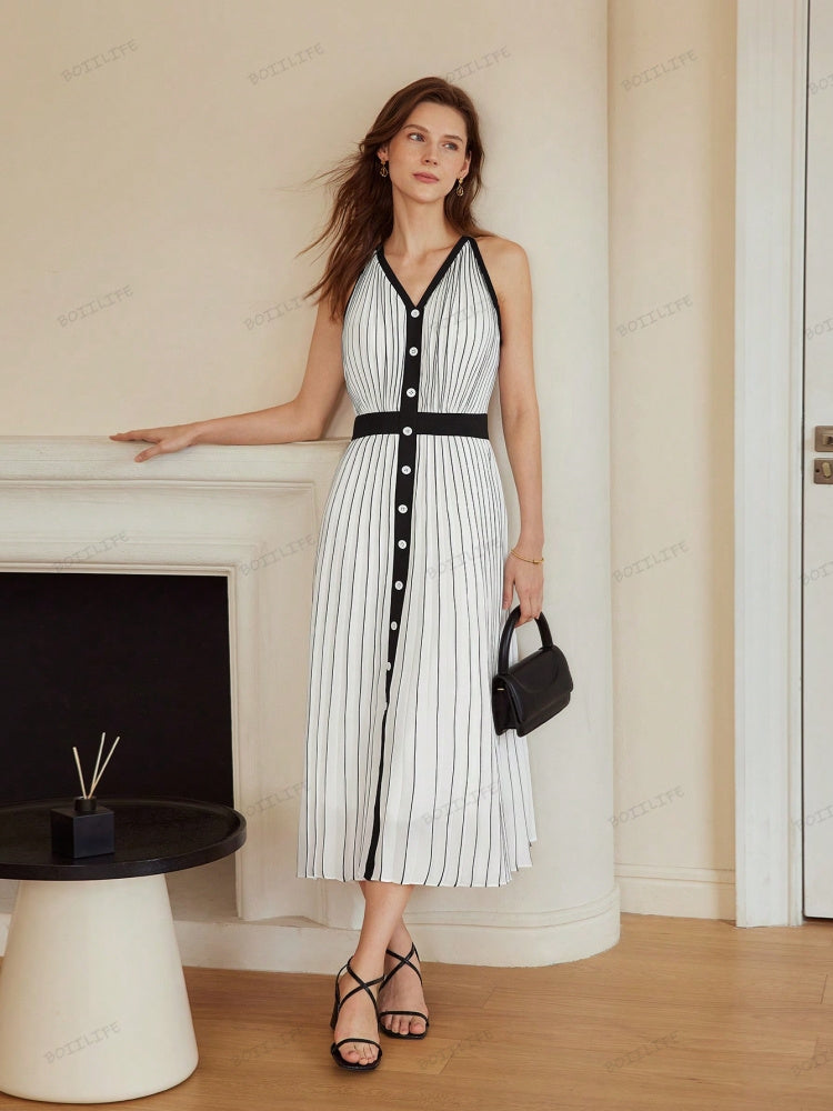 High-End Limited Edition Striped Color-Blocked Sleeveless Dress Newgew Dresses