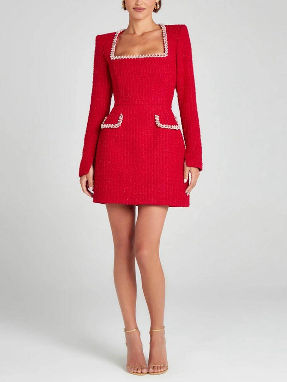 Exquisite Girl Charm Pearl Trim Slit Sleeve Pocket Mini Dress Newgew Dresses