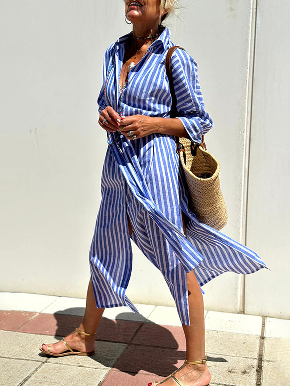 Splendor Stripes Printed Button Half Sleeve Belt Shirt Midi Dress Newgew Dresses