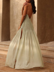 Ethereal Elegance Pleated Patchwork Slit Maxi Dress Newgew Dresses