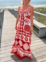 Shell Unique Print Front Lace-Up Loose Maxi Dress Newgew Dresses