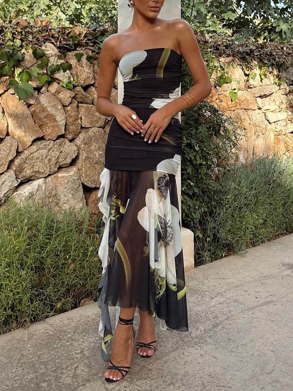 Mesh Overlay Floral Print Off Shoulder Ruched Ruffles Stretch Midi Dress Newgew Dresses