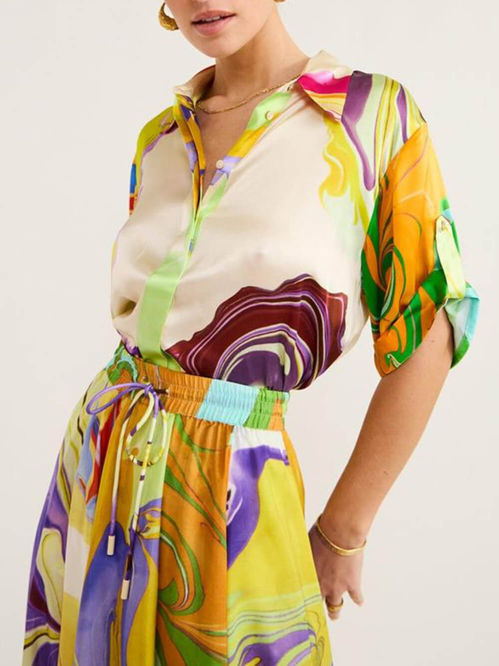 Modern Printed Satin Blouse and Skirt Set Newgew Dresses