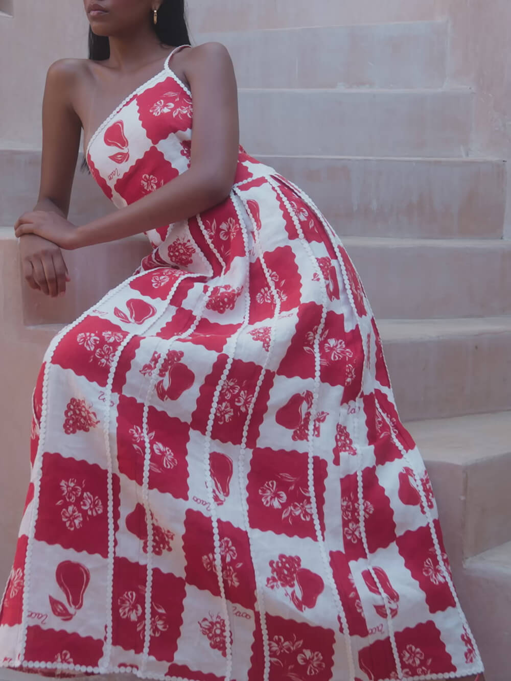 Floral Trim Unique Printed One Shoulder Flared Maxi Dress Newgew Dresses