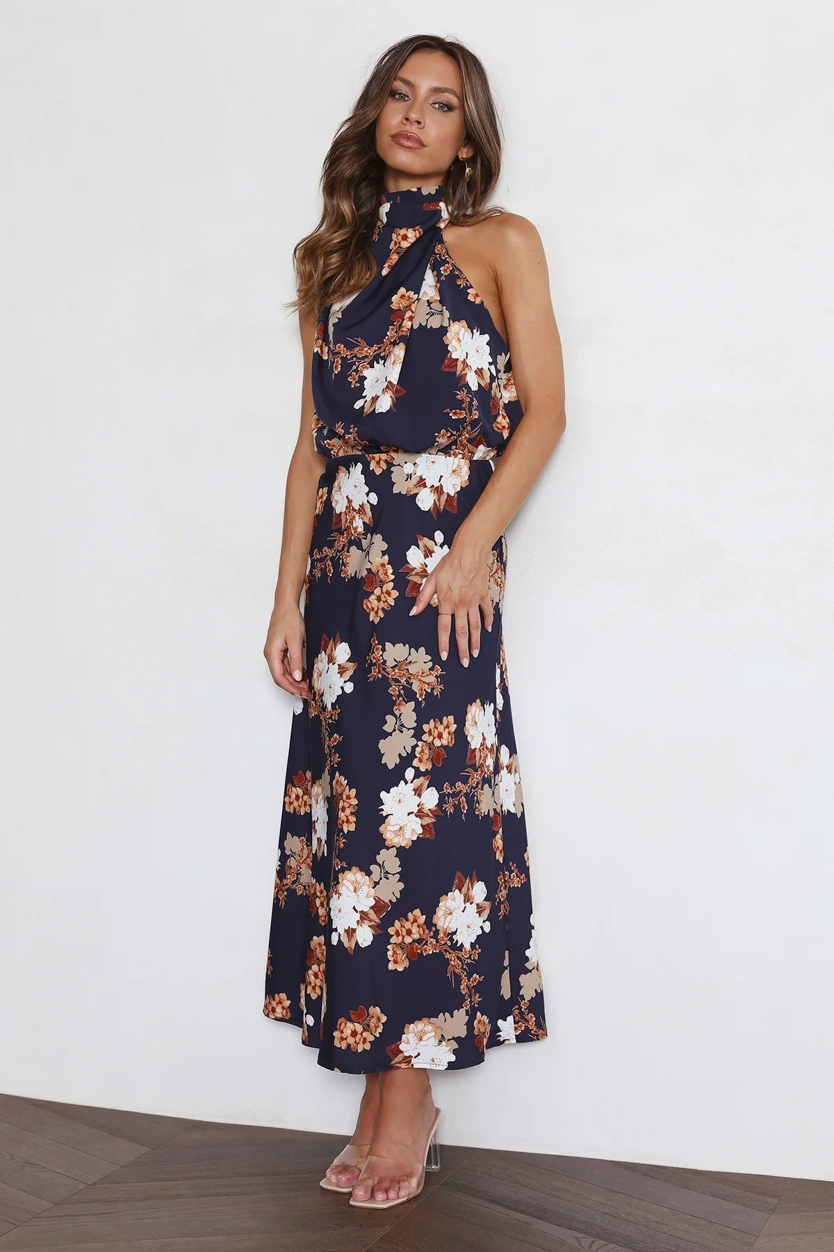 Wine Country Dates Floral Halter Neck Elastic Waist Maxi Dress Newgew Dresses