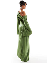 Green Asymmetrical Hem Satin Maxi Dress Newgew Dresses