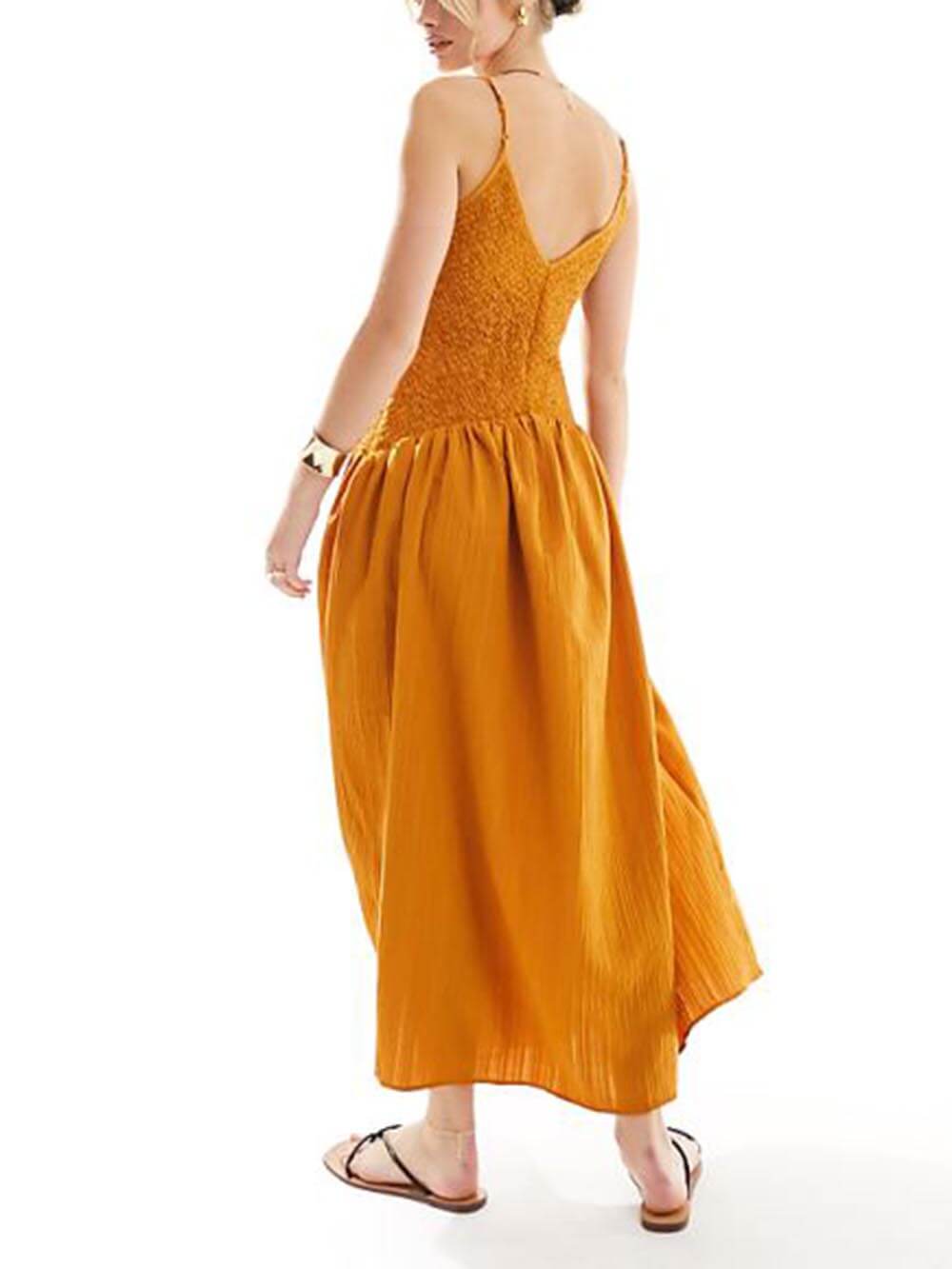 Fashionable Patchwork Smocked Sleeveless Suspender Midi Dress Newgew Dresses