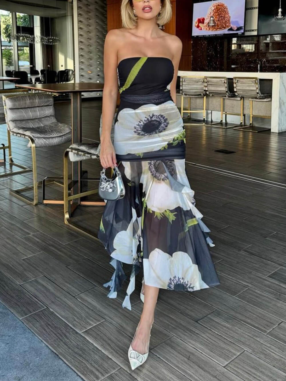 Mesh Overlay Floral Print Off Shoulder Ruched Ruffles Stretch Midi Dress Newgew Dresses