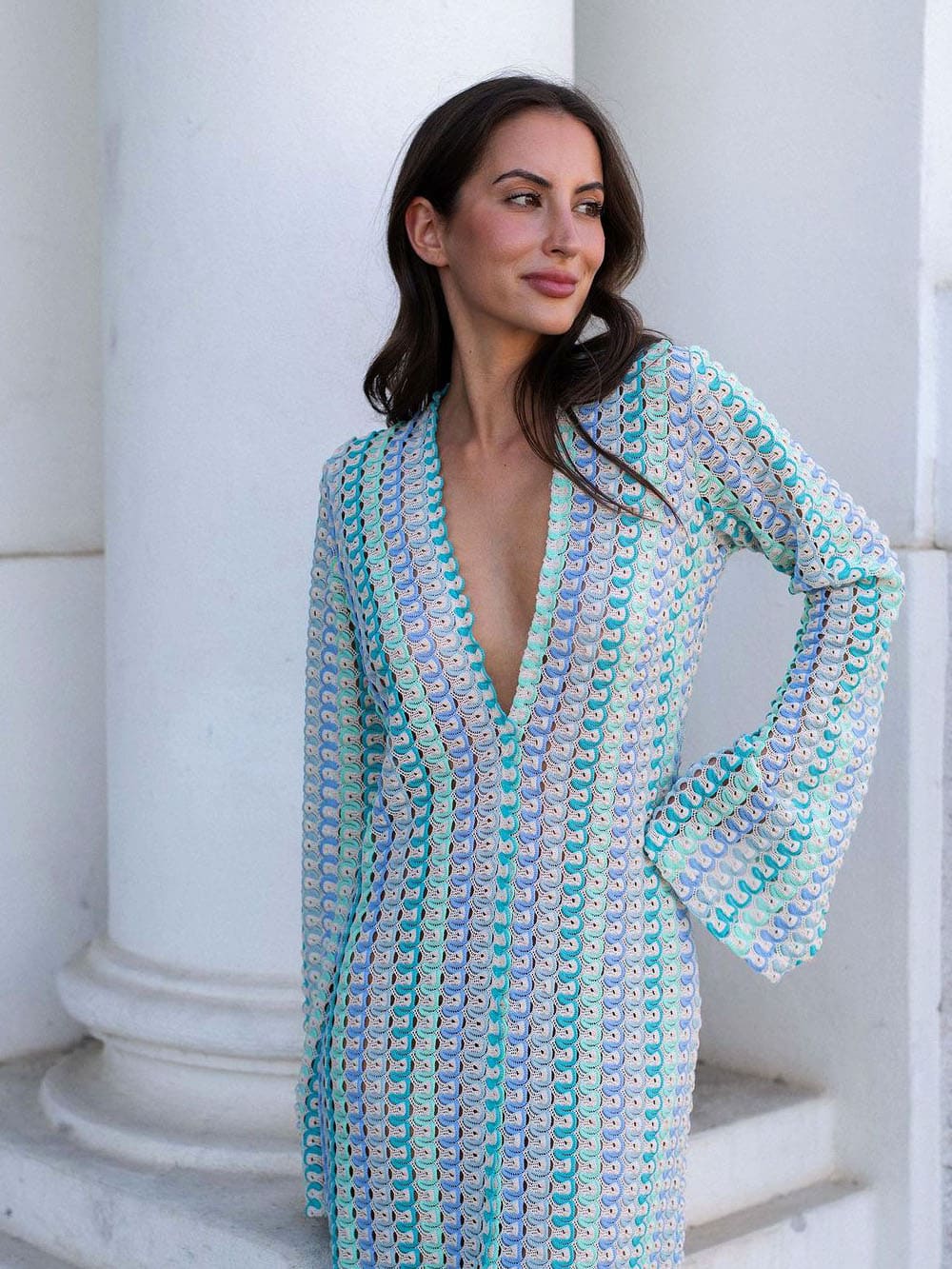 Boho V Neck Bell Sleeve Wavy Striped Crochet Beach Vacation Maxi Dress - Blue Newgew Dresses