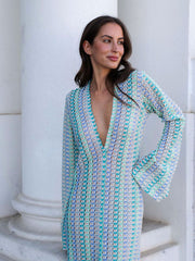 Boho V Neck Bell Sleeve Wavy Striped Crochet Beach Vacation Maxi Dress - Blue Newgew Dresses