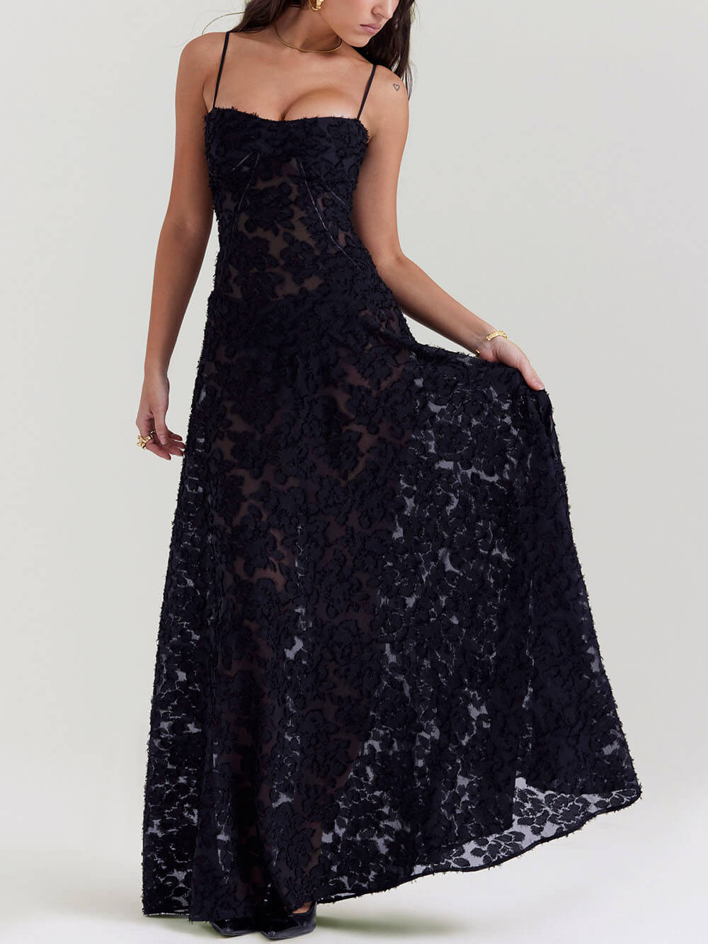 Black Floral Lace Back Maxi Dress Newgew Dresses