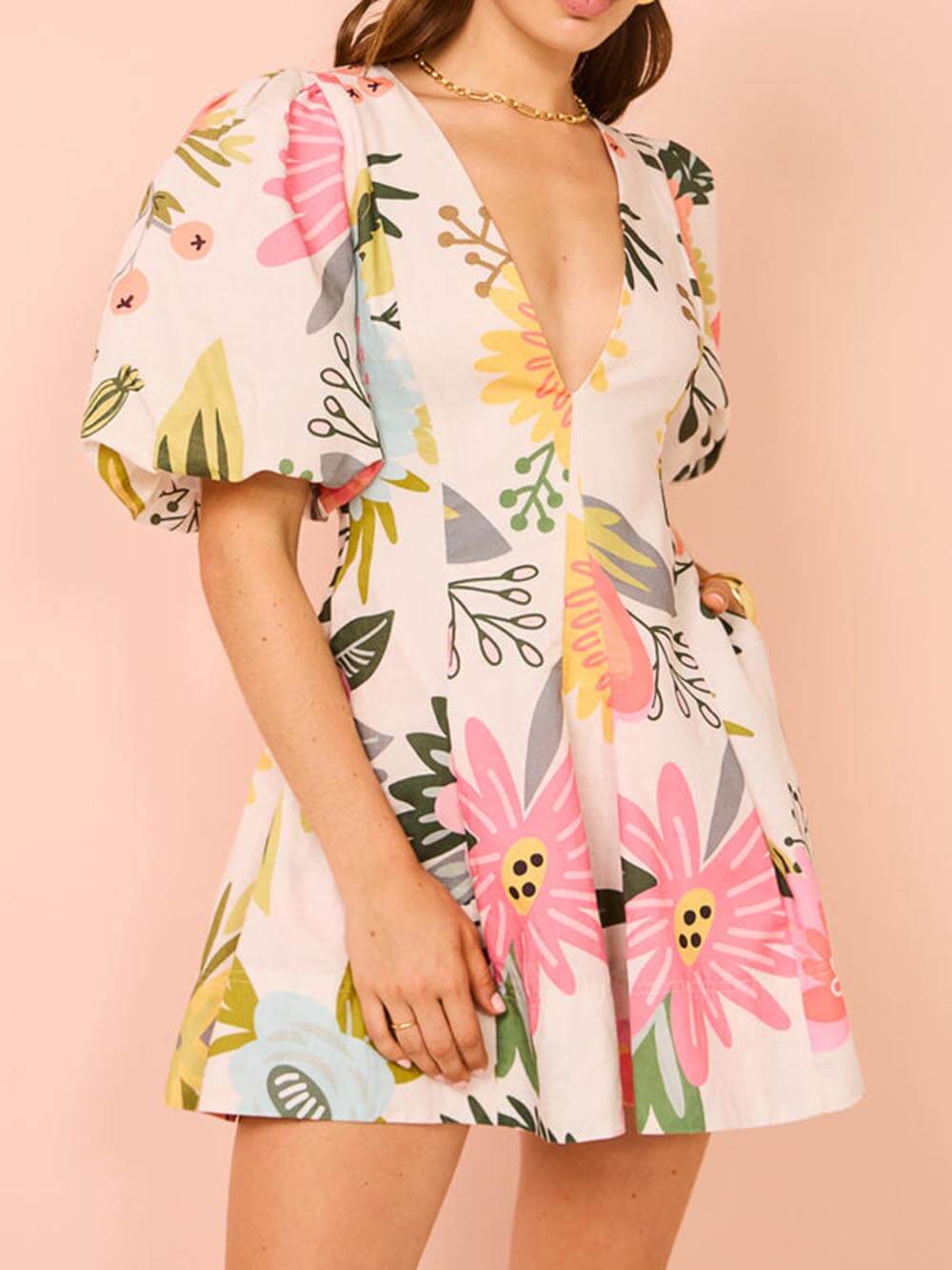 Floral Print Puff Sleeve Pocketed Mini Dress Newgew Dresses