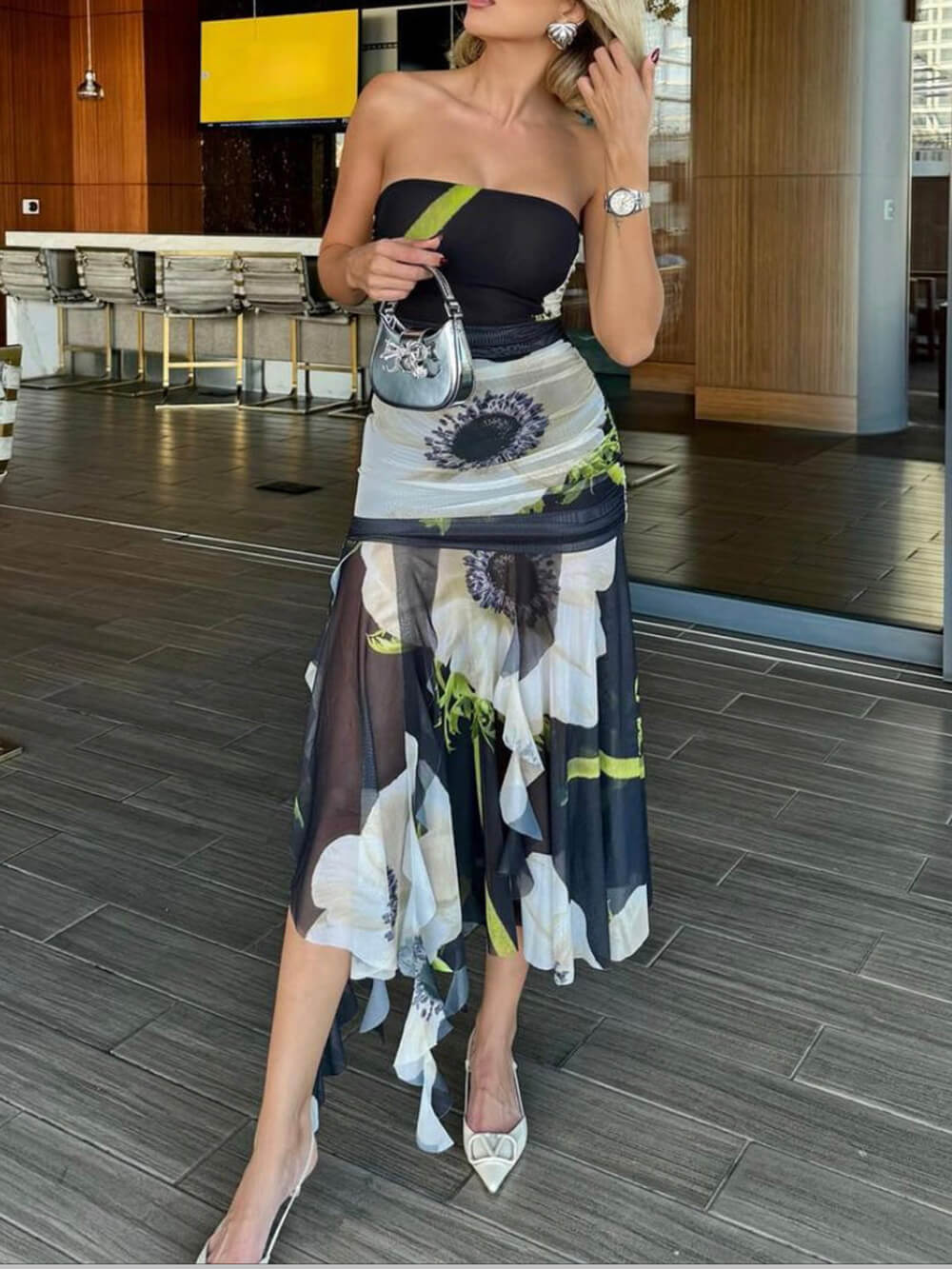 Mesh Overlay Floral Print Off Shoulder Ruched Ruffles Stretch Midi Dress Newgew Dresses