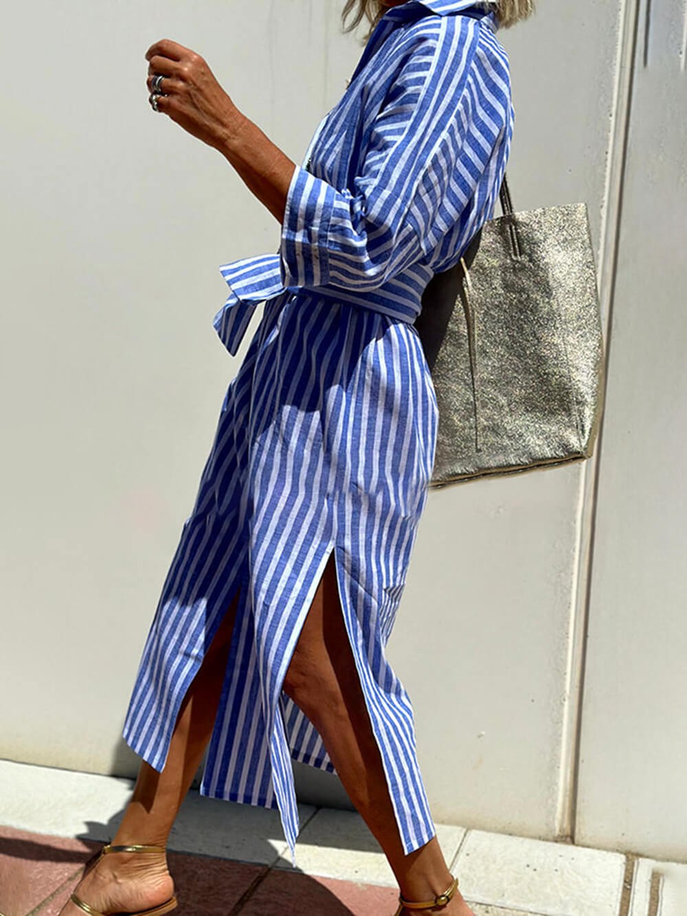 Splendor Stripes Printed Button Half Sleeve Belt Shirt Midi Dress Newgew Dresses
