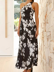 Pleated One-Shoulder Cut-Out Waist Floral Gown Newgew Dresses