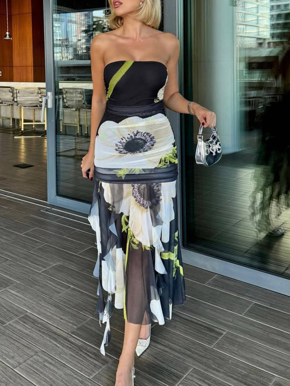 Mesh Overlay Floral Print Off Shoulder Ruched Ruffles Stretch Midi Dress Newgew Dresses