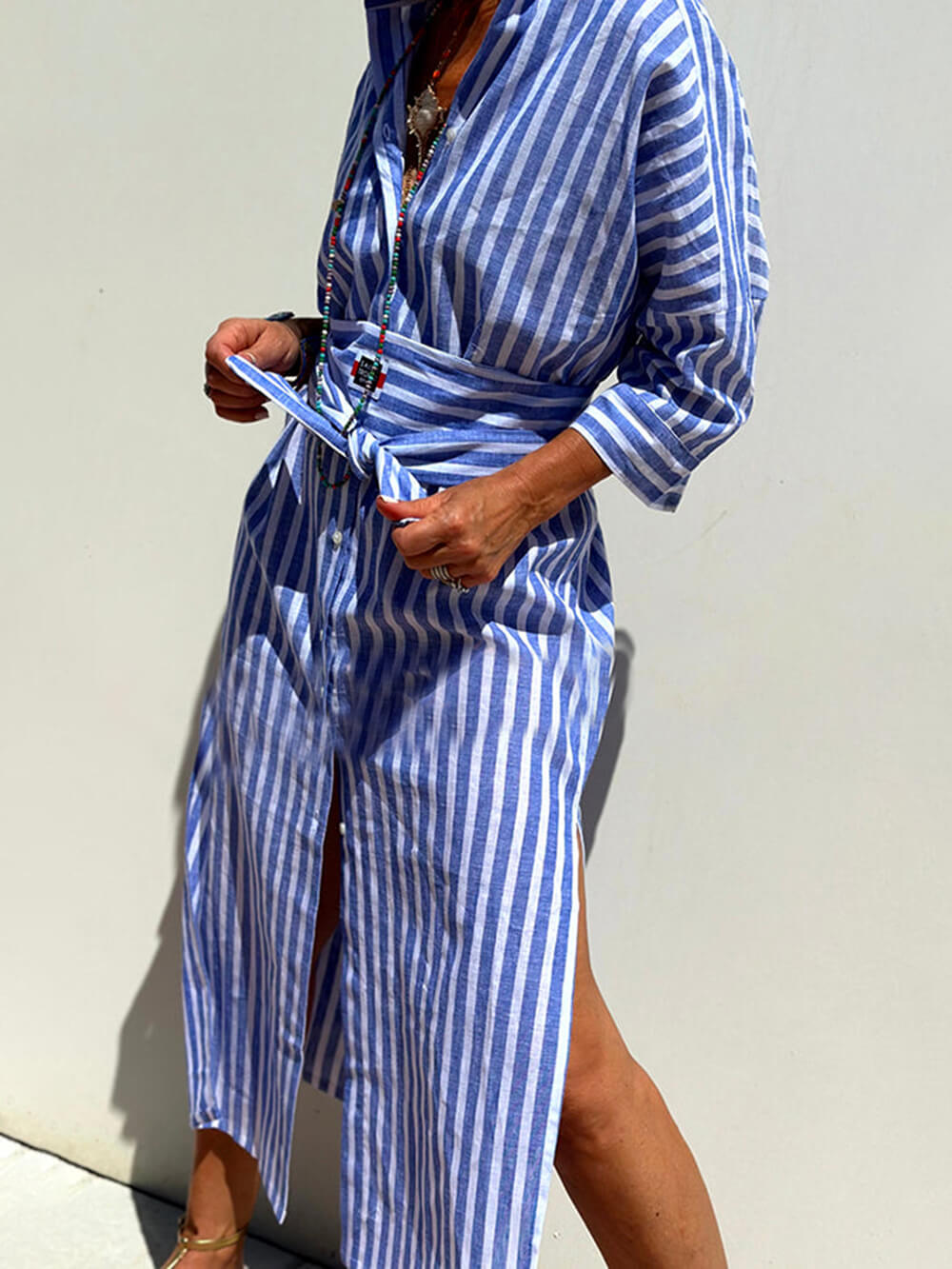 Splendor Stripes Printed Button Half Sleeve Belt Shirt Midi Dress Newgew Dresses