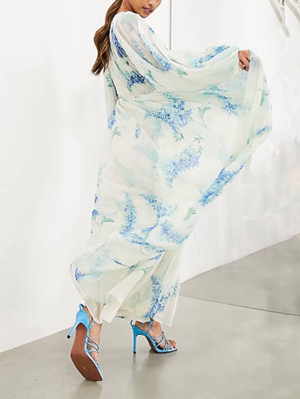 Ocean Flower Chiffon Floral Drawstring Waist Maxi Dress Newgew Dresses