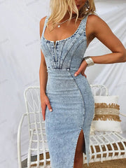 U-neck Slit Denim Bodycon Tank Mini Dress Newgew Dresses