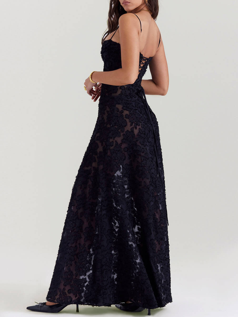 Black Floral Lace Back Maxi Dress Newgew Dresses