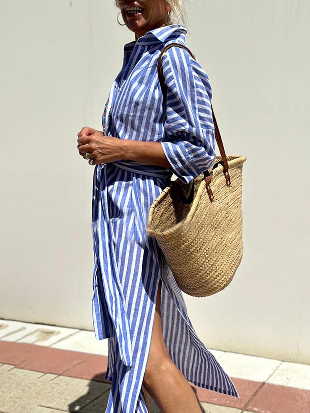 Splendor Stripes Printed Button Half Sleeve Belt Shirt Midi Dress Newgew Dresses