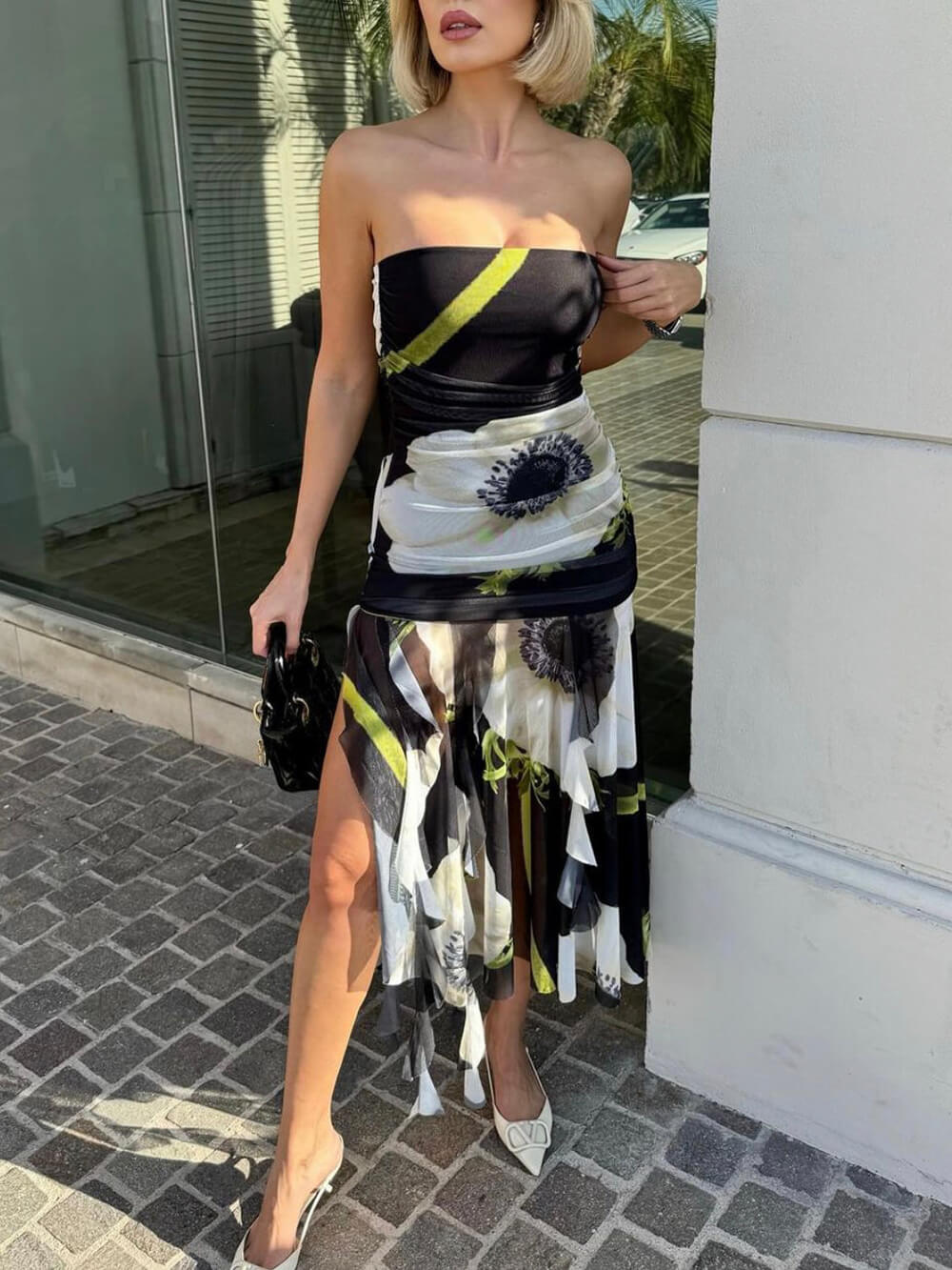 Mesh Overlay Floral Print Off Shoulder Ruched Ruffles Stretch Midi Dress Newgew Dresses