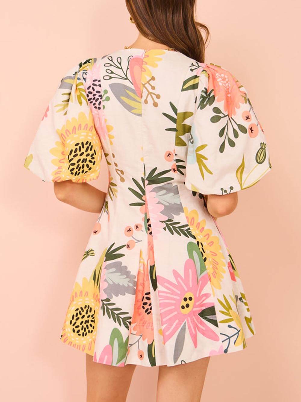 Floral Print Puff Sleeve Pocketed Mini Dress Newgew Dresses