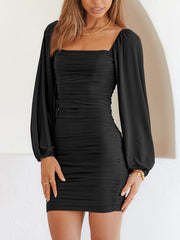 Mesh Pleated Long-Sleeve Mini Dress Newgew Dresses