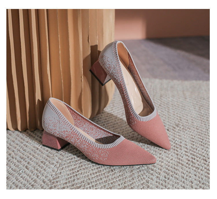 Chunky Heel Pointed Toe Pumps Knitted Woven Shoes NewGew