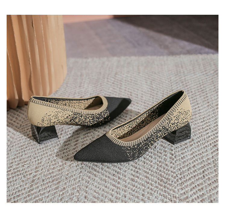 Chunky Heel Pointed Toe Pumps Knitted Woven Shoes NewGew