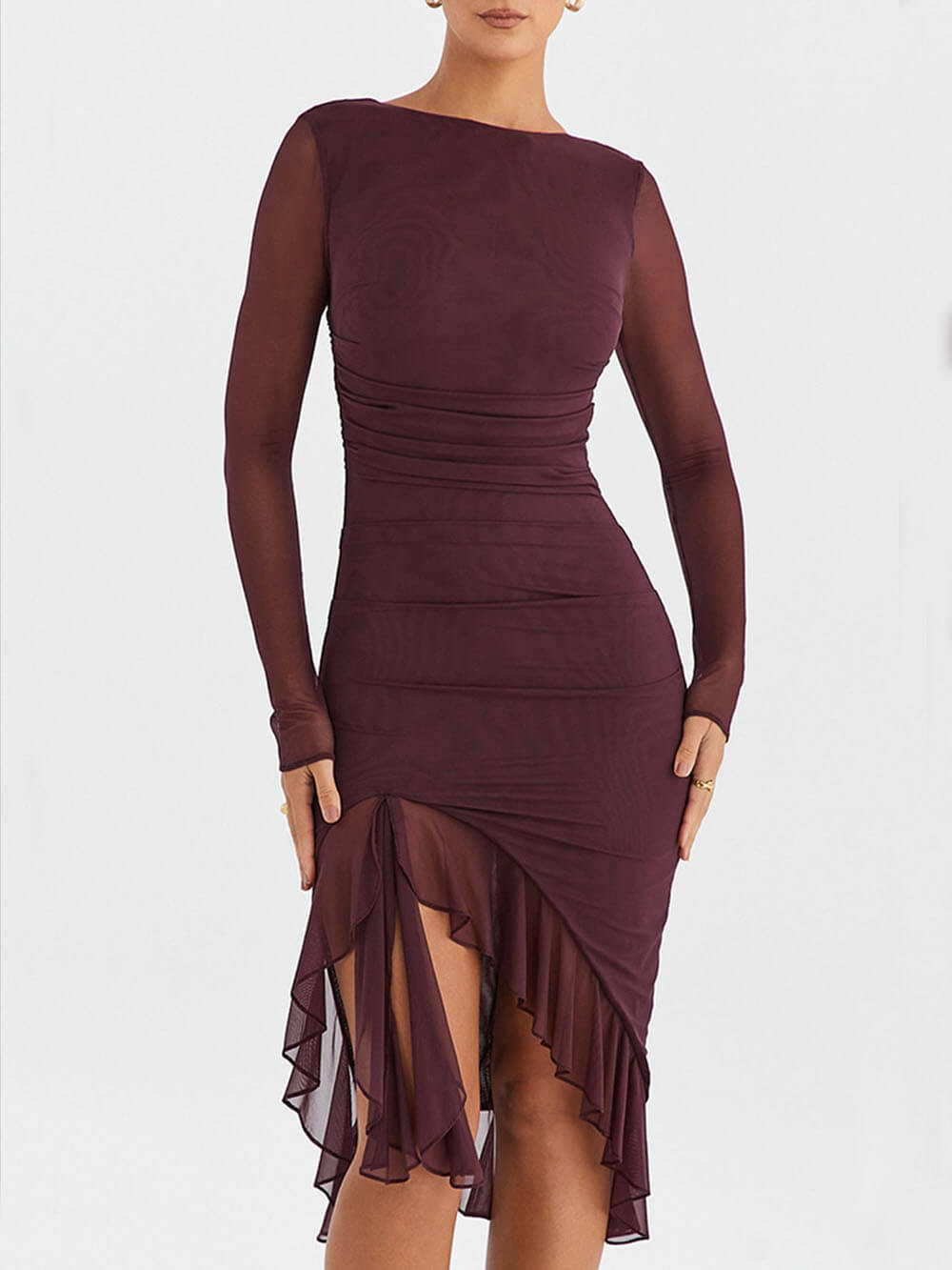 Wine Ruffle Midi Dress Newgew Dresses