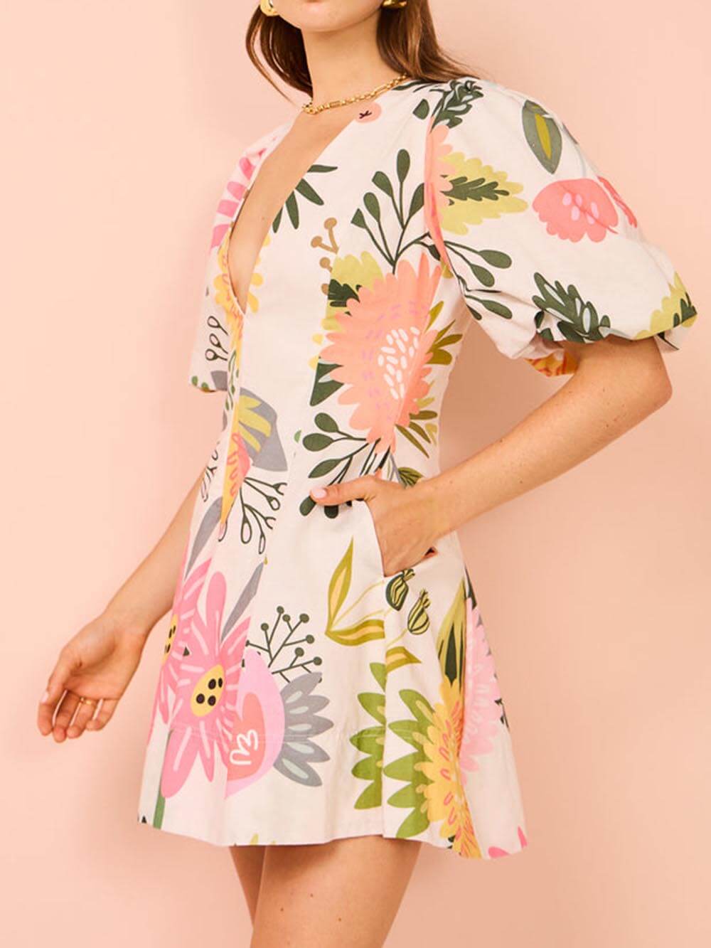 Floral Print Puff Sleeve Pocketed Mini Dress Newgew Dresses