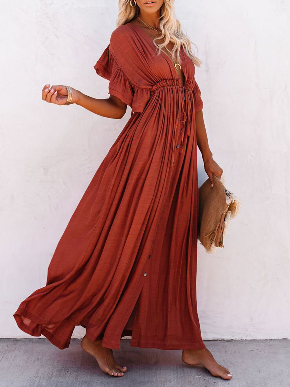 Button Cotton Linen Perfect Beach Boho Maxi Dress Newgew Dresses