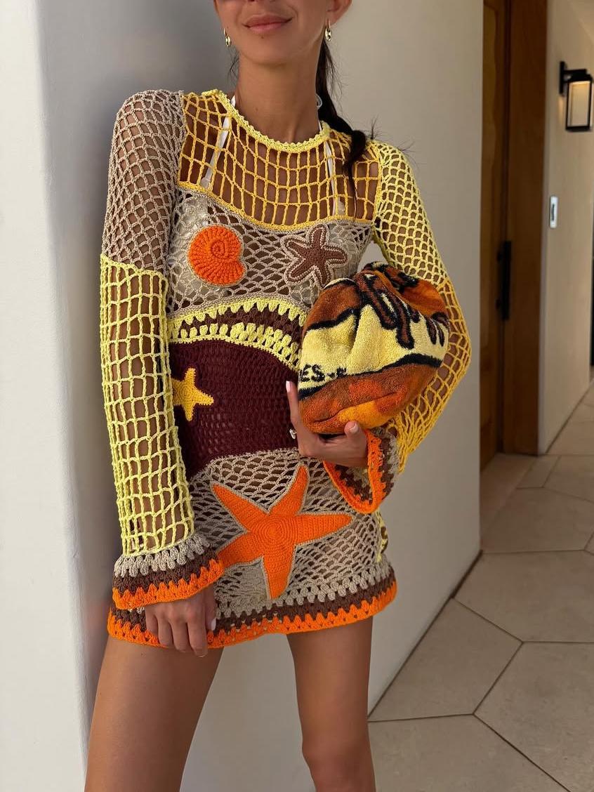 Coral Reef-Inspired Pattern Crochet Mini Dress Newgew Dresses
