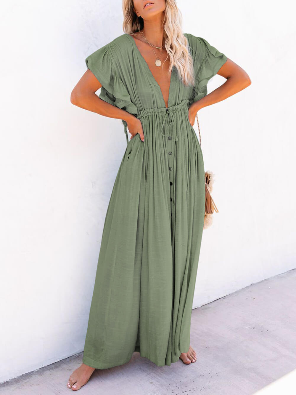 Button Cotton Linen Perfect Beach Boho Maxi Dress Newgew Dresses