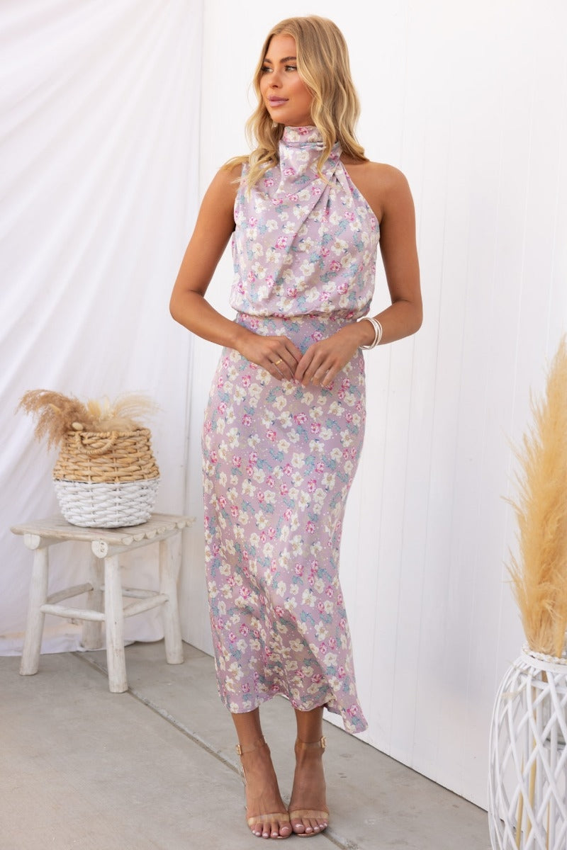 Wine Country Dates Floral Halter Neck Elastic Waist Maxi Dress Newgew Dresses