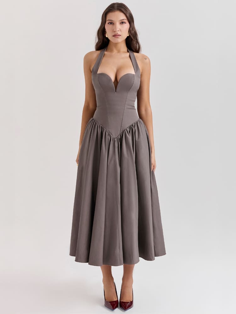 Halter Neck Midi Dress with Side Slit - Smoky Gray Newgew Dresses