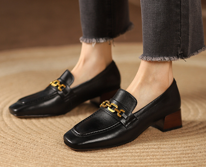 Isela Square Toe Loafer Heels with Gold Chain Newgew