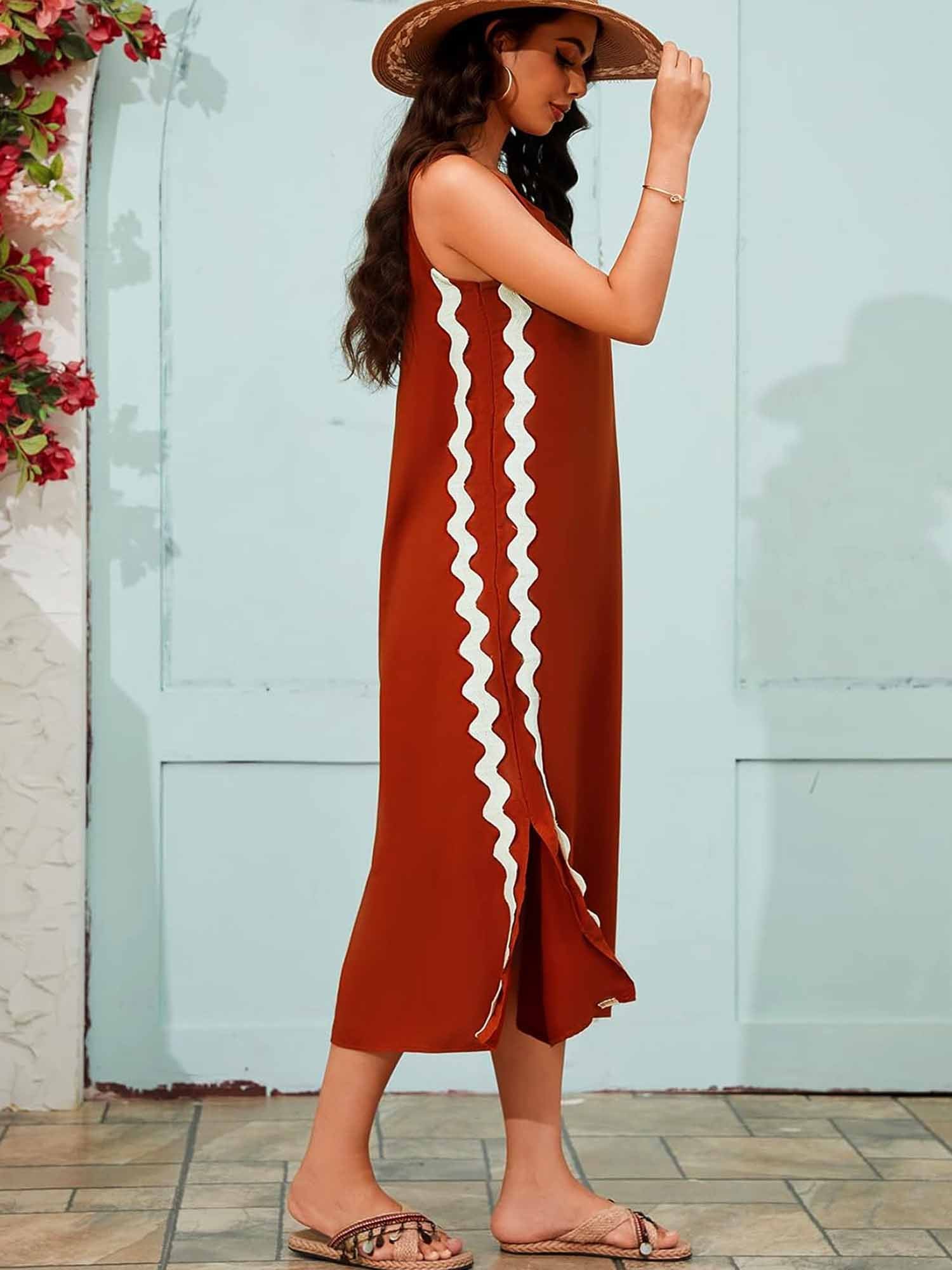 Side Wave Stripes Embellished Side Slit Loose Dress Newgew Dresses