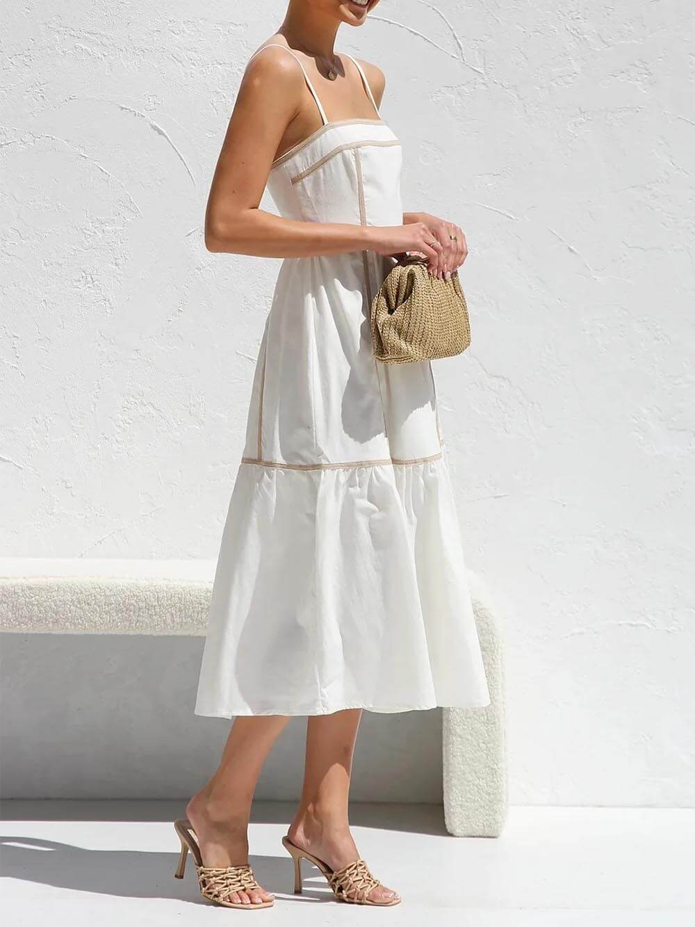 Contrast Color Trim Adjustable Straps Midi Dress Newgew Dresses